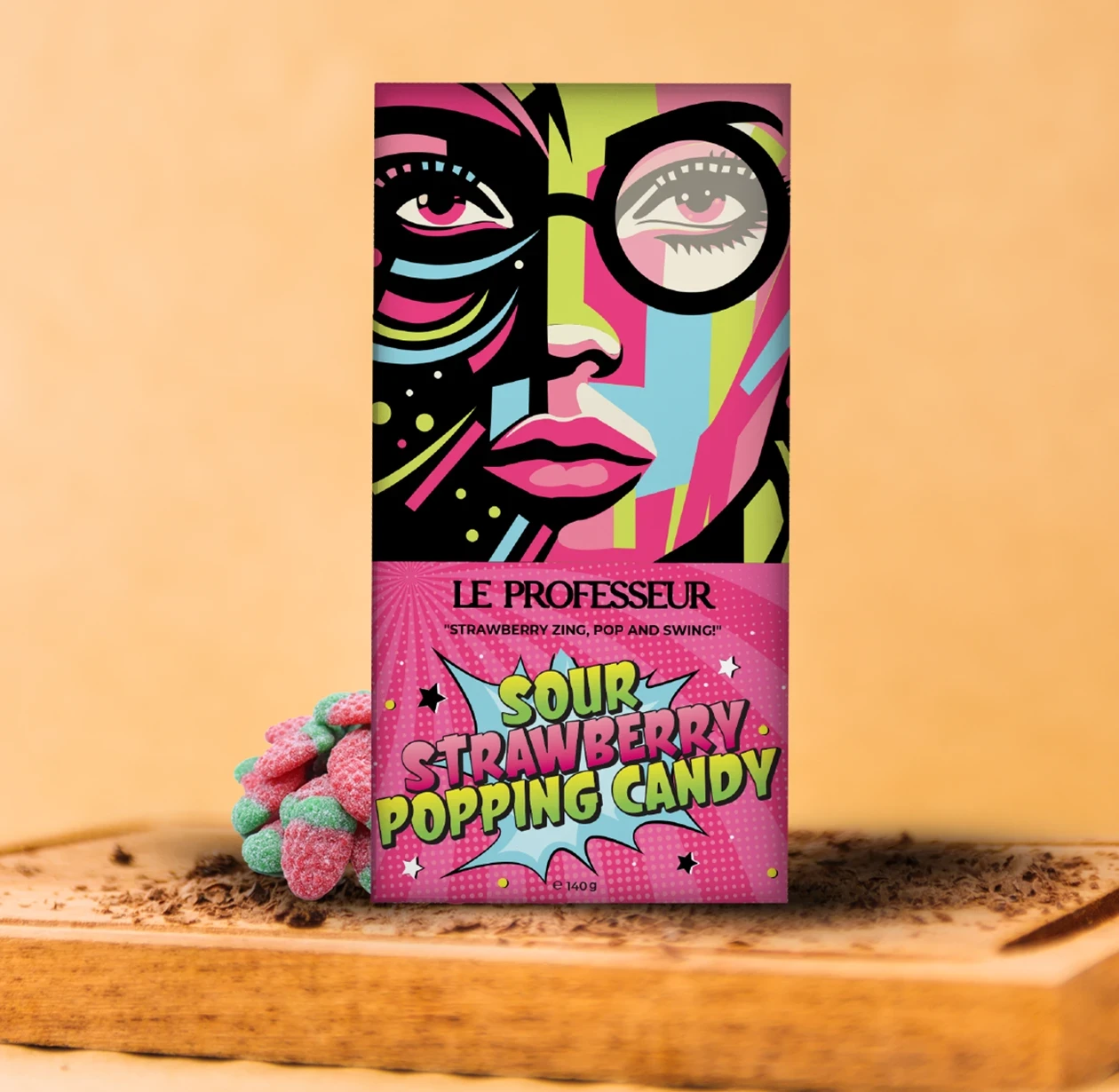 Le Professeur Sour Strawberry Popping Candy bar with vibrant pop-art packaging and coated candy pieces.
