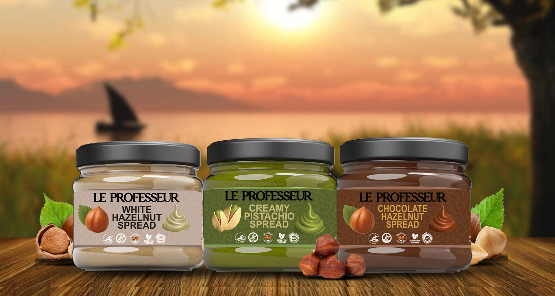 Le Professeur hazelnut and pistachio spreads displayed against a scenic sunset lake backdrop.