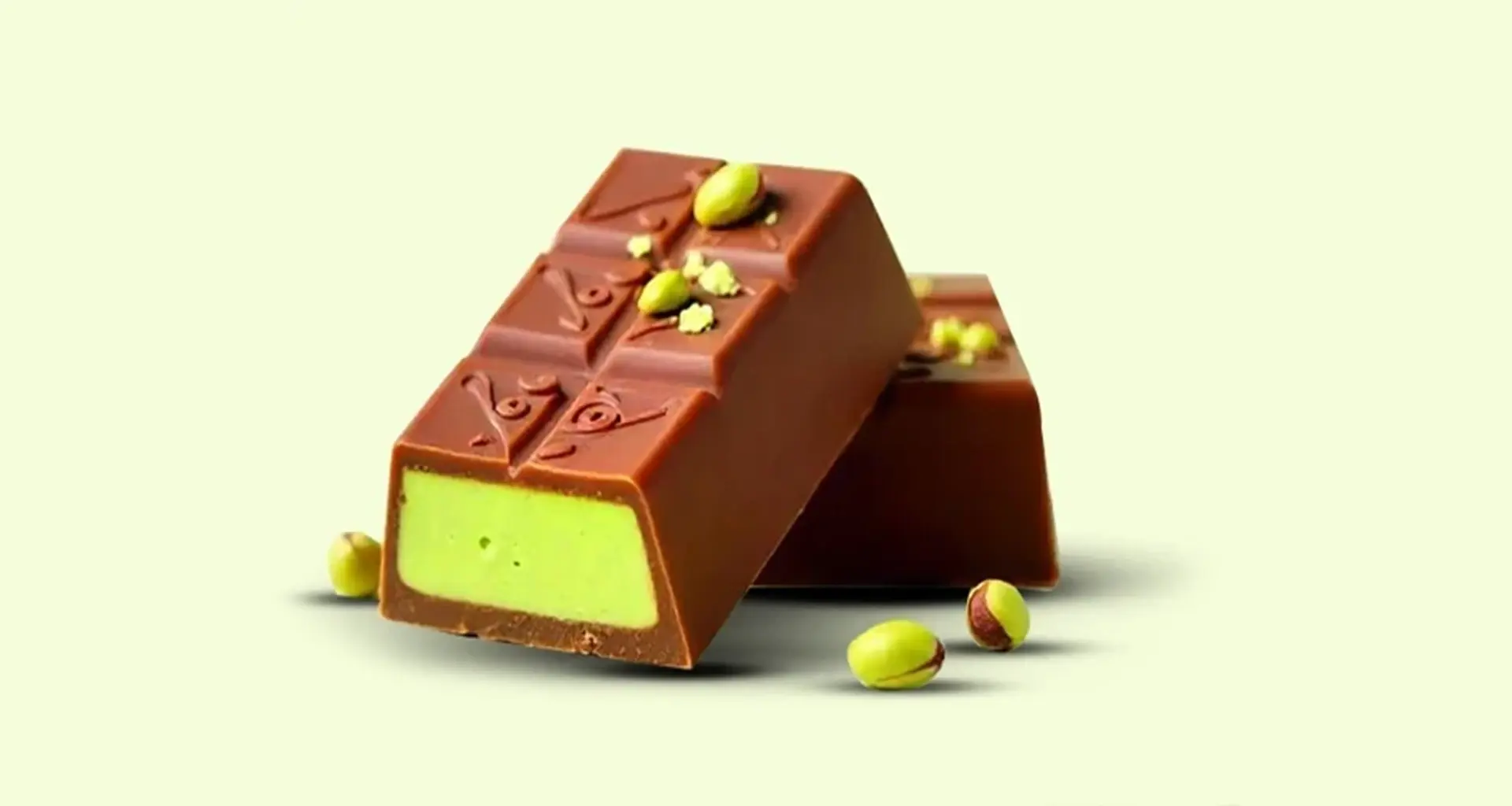 Milk chocolate bars filled with pistachio cream, topped with pistachio pieces on a light background.