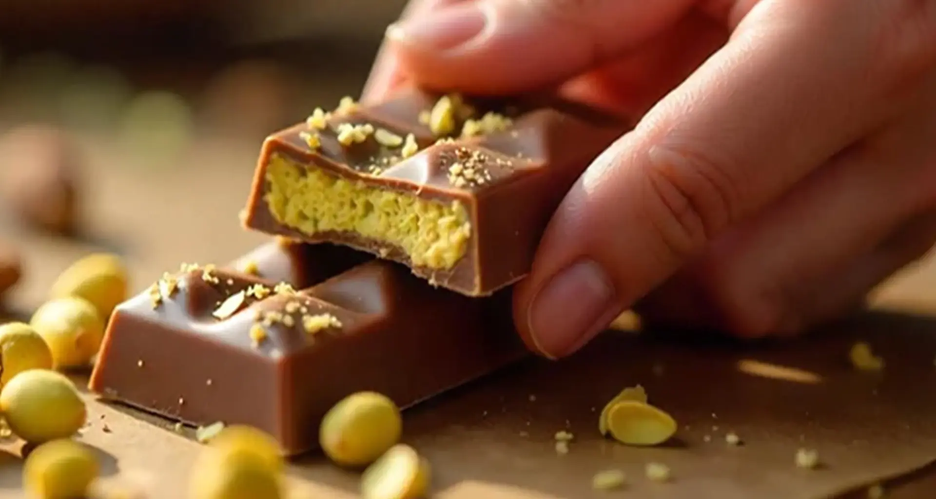 A hand holding a pistachio-filled milk chocolate bar surrounded by scattered pistachio pieces.