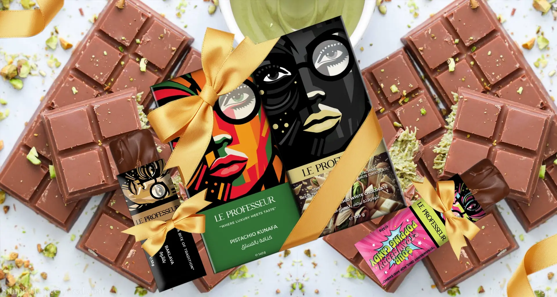 Le Professeur luxury chocolate gift set with artistic packaging, golden ribbons, and pistachio chocolate bars.