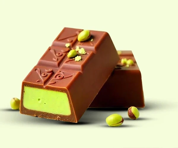 Milk chocolate bars filled with pistachio cream, topped with pistachio pieces on a light background.