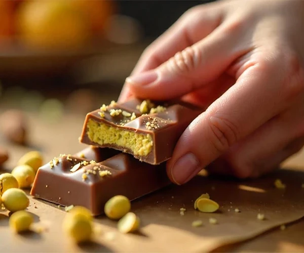 A hand holding a pistachio-filled milk chocolate bar surrounded by scattered pistachio pieces.