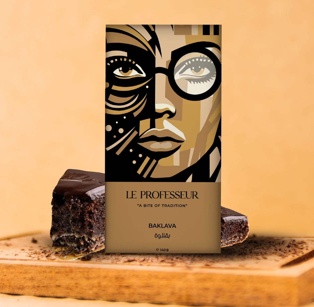 Le Professeur Baklava Chocolate Bar with artistic packaging and rich chocolate baklava filling.
