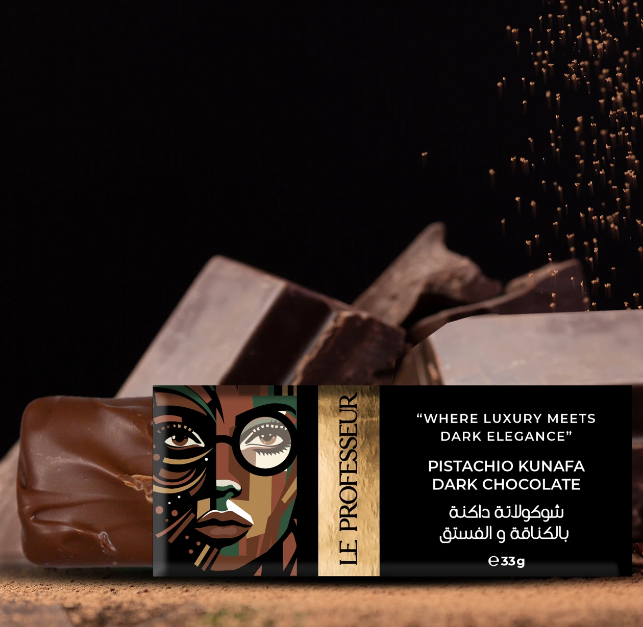 Le Professeur Pistachio Kunafa Dark Chocolate bar with luxury black and gold packaging and dark chocolate pieces.