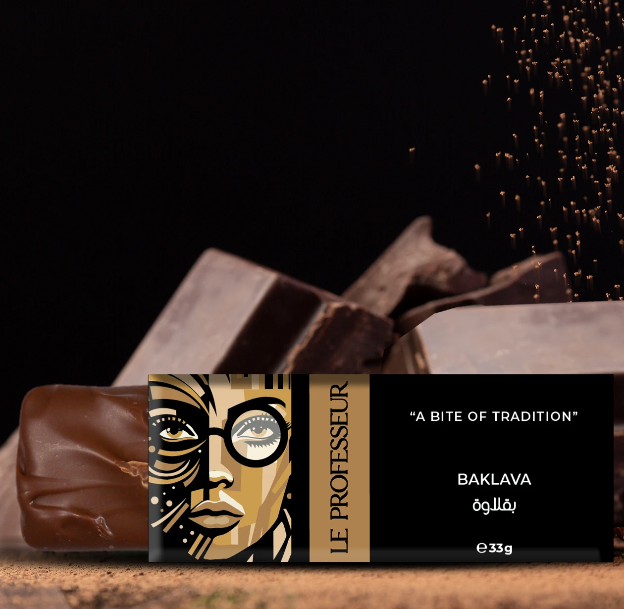 Le Professeur Baklava Chocolate Bar (33g) with elegant black and gold packaging and rich chocolate pieces.