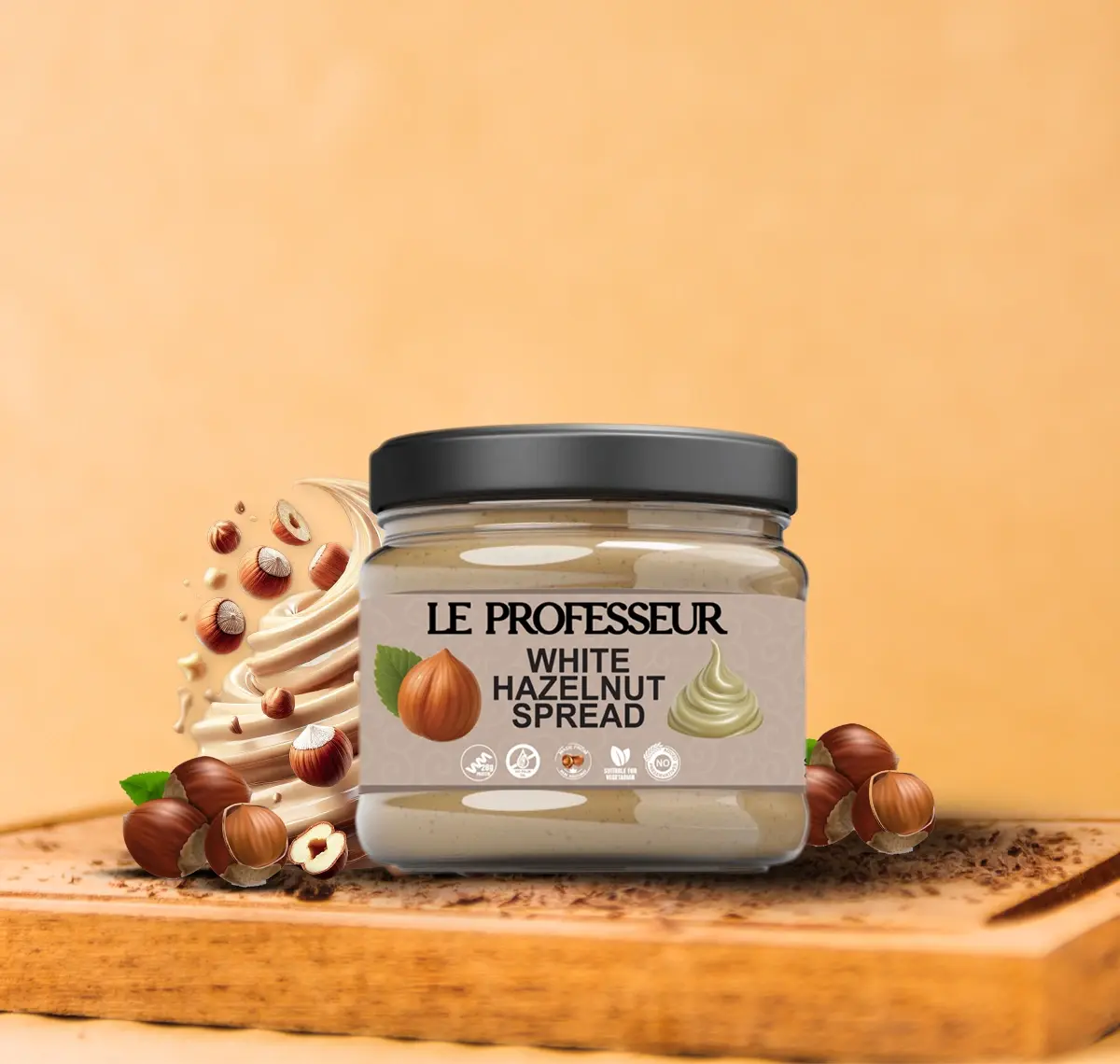 Le Professeur Hazelnut Spread jar with 35% real hazelnuts and creamy swirl design.