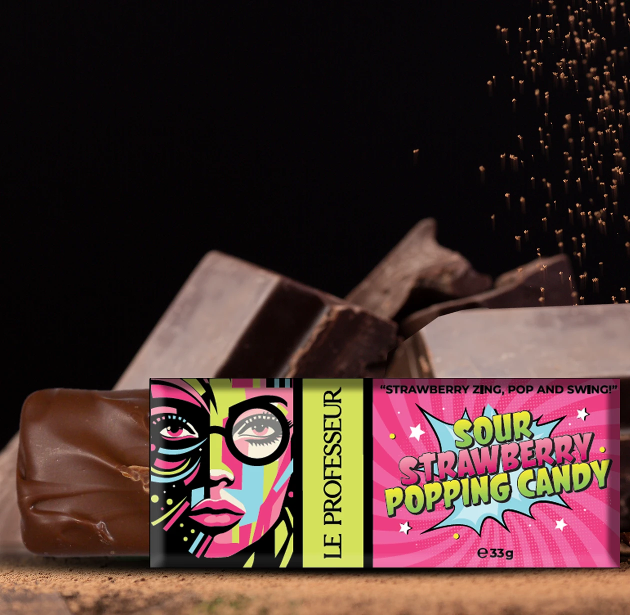 Le Professeur Sour Strawberry Popping Candy bar with vibrant pop-art style packaging.