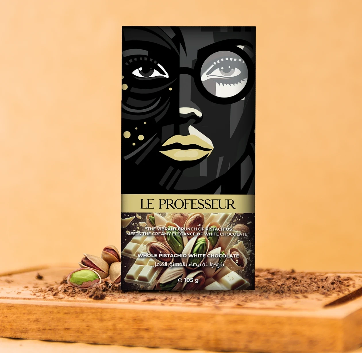 Le Professeur Whole Pistachio White Chocolate Bar with artistic packaging design.