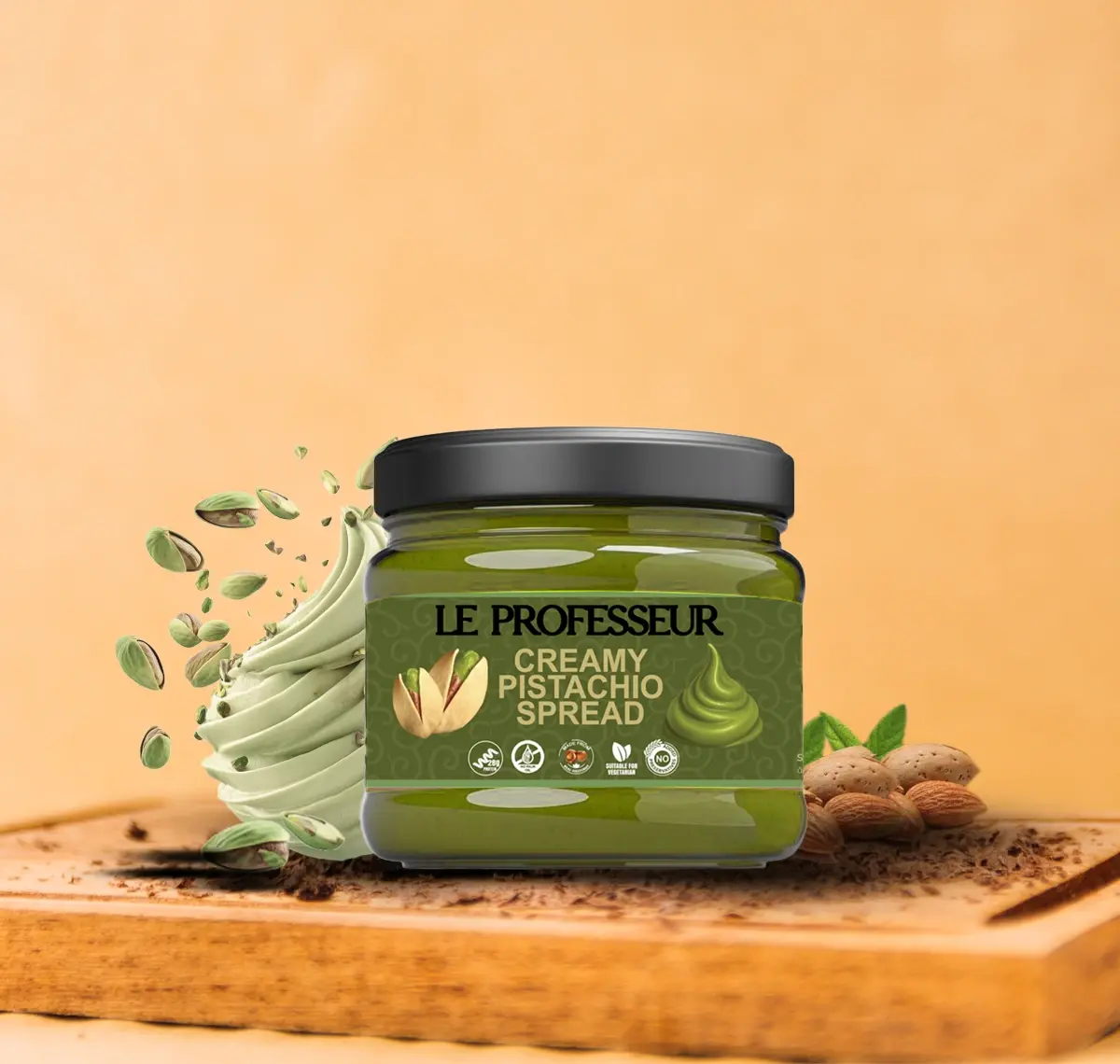 Le Professeur Pistachio Spread jar with creamy swirl design and real pistachios.