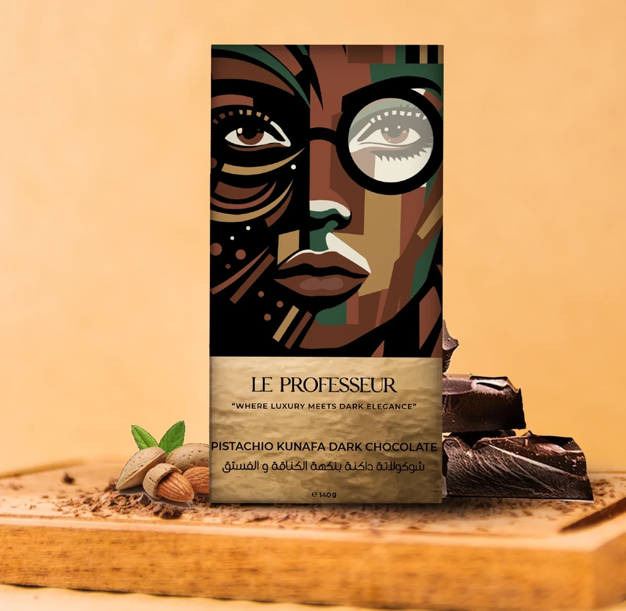 Le Professeur Pistachio Kunafa Dark Chocolate bar with artistic luxury packaging and rich dark chocolate pieces.