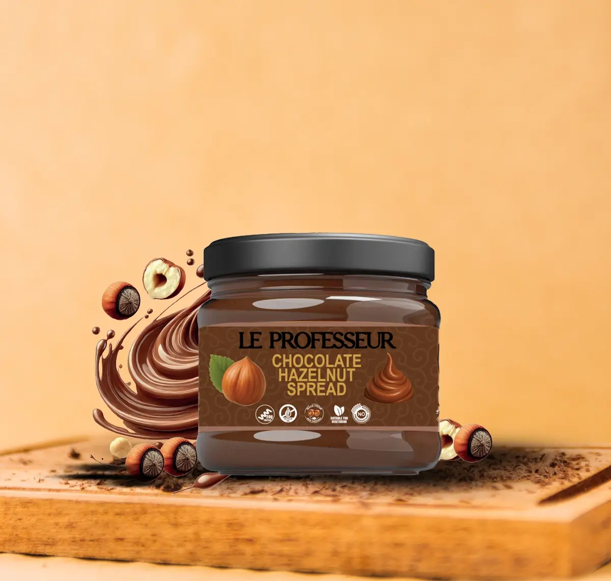 Le Professeur Hazelnut Spread jar with 35% real hazelnuts and creamy swirl design.