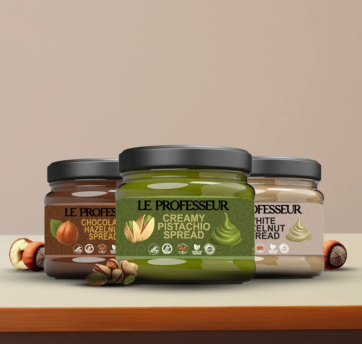 Le Professeur gourmet spreads featuring Pistachio, Chocolate Hazelnut, and Classic Hazelnut in premium glass jars.