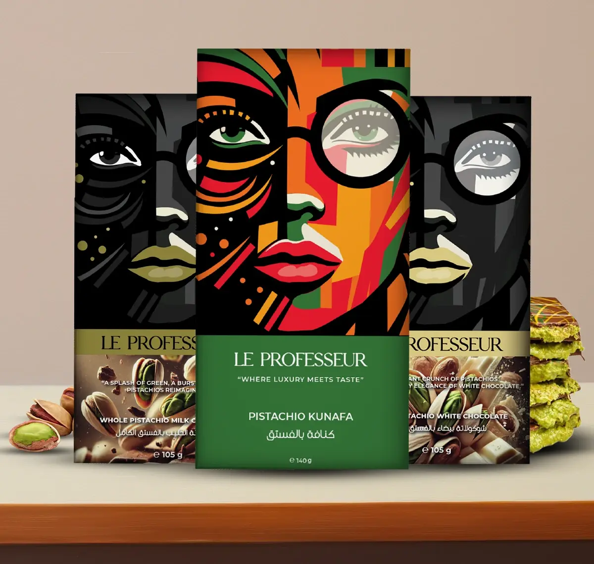Le Professeur premium chocolate bars featuring Pistachio Kunafa, Whole Pistachio Milk, and Pistachio White Chocolate with bold artistic packaging.