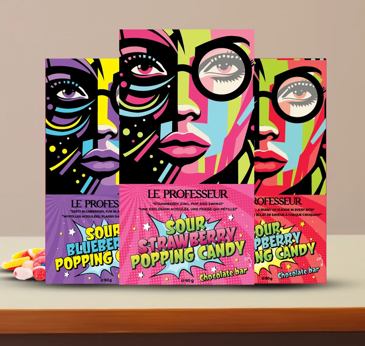 Le Professeur popping candy chocolate bars in Sour Strawberry, Blueberry, and Raspberry flavors with bold, colorful pop-art packaging.