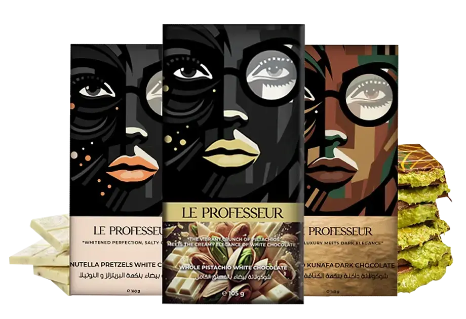 A decadent trio of Le Professeur bars blending Nutella pretzels, pistachio white chocolate, and rich kunafa dark chocolate.