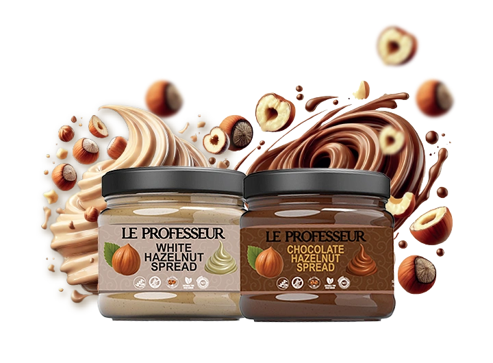 Indulge in the irresistible duo of Le Professeur hazelnut spreads — where rich flavor meets luxurious texture.