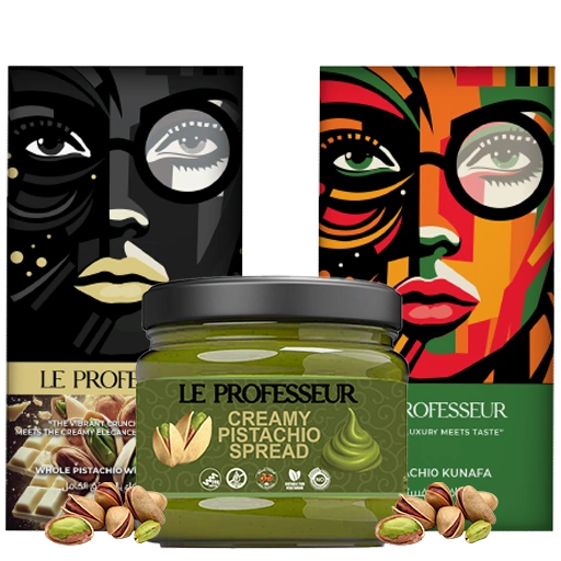 Le Professeur Pistachio Spread with Pistachio Kunafa and Whole Pistachio White Chocolate bars, surrounded by fresh pistachios.