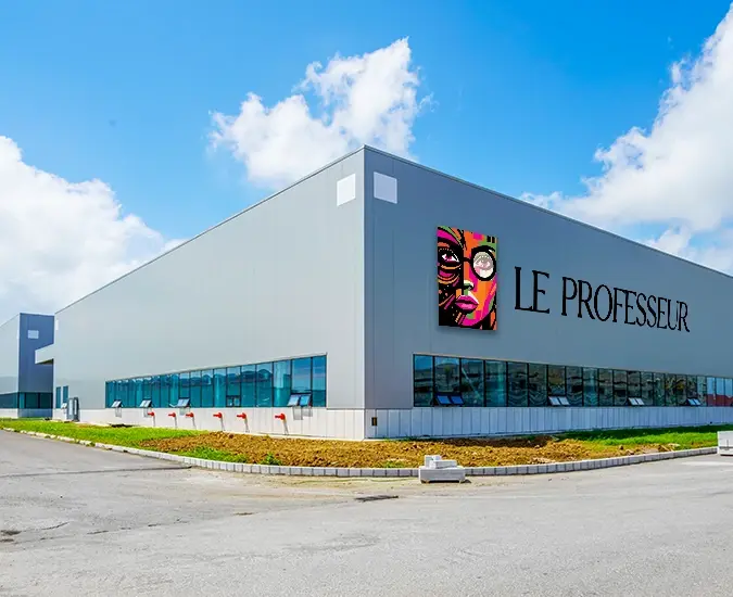 Le Professeur company building with modern architecture and branded logo displayed on the exterior.