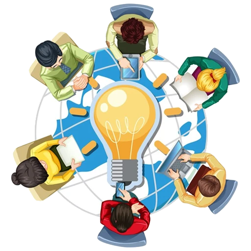 Illustration of teamwork and brainstorming around a lightbulb-shaped table symbolizing ideas and global collaboration.